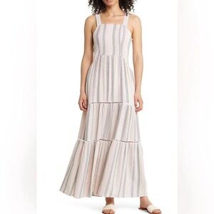 Caslon Cabana Stripe Square Neck Tiered Maxi Dress Pink Gray Boho size medium